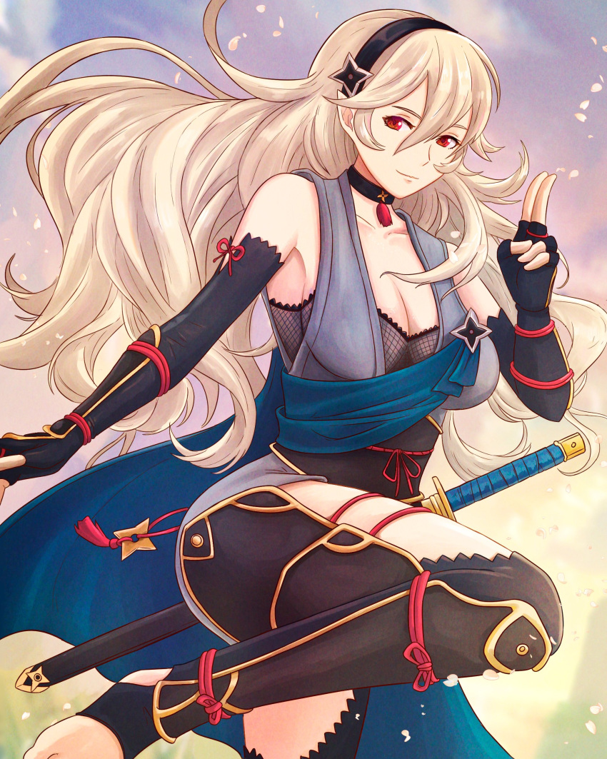 1girl absurdres black_choker black_gloves black_hairband breasts choker cleavage corrin_(female)_(fire_emblem) corrin_(female)_(ninja)_(fire_emblem) corrin_(fire_emblem) elbow_gloves feet_out_of_frame fingerless_gloves fire_emblem fire_emblem_fates fire_emblem_heroes fishnet_top fishnets gloves grey_hair hairband highres large_breasts legs long_hair looking_at_viewer medium_breasts no_shoes official_alternate_costume pointy_ears red_eyes salute smile solo standing standing_on_one_leg stirrup_legwear tassel_choker thighs toeless_legwear truejekart two-finger_salute