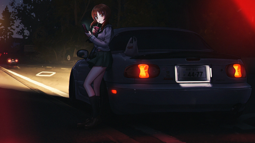 1girl absurdres black_neckerchief black_socks brown_eyes brown_footwear brown_hair car cellphone commentary drinking drinking_straw english_commentary flip_phone full_body girls_und_panzer green_skirt highres holding holding_phone kneehighs license_plate loafers long_skirt looking_at_viewer mazda_mx-5 mizzterbii motor_vehicle neckerchief night nishizumi_miho ooarai_school_uniform outdoors phone road sailor_collar school_uniform shoes short_hair skirt socks solo sports_car tail_lights vehicle_focus white_sailor_collar winter_uniform