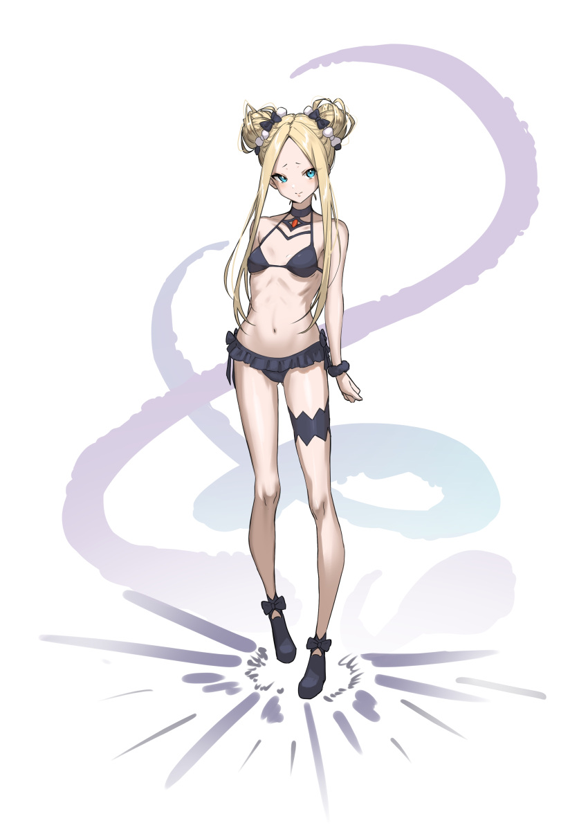 1girl abigail_williams_(fate) absurdres black_footwear blonde_hair blue_eyes blush bow breasts closed_mouth collarbone double_bun fate/grand_order fate_(series) furrowed_brow hair_bow hair_bun highres legs long_hair mo80_rr navel scrunchie simple_background small_breasts smile solo standing stomach swimsuit wrist_scrunchie