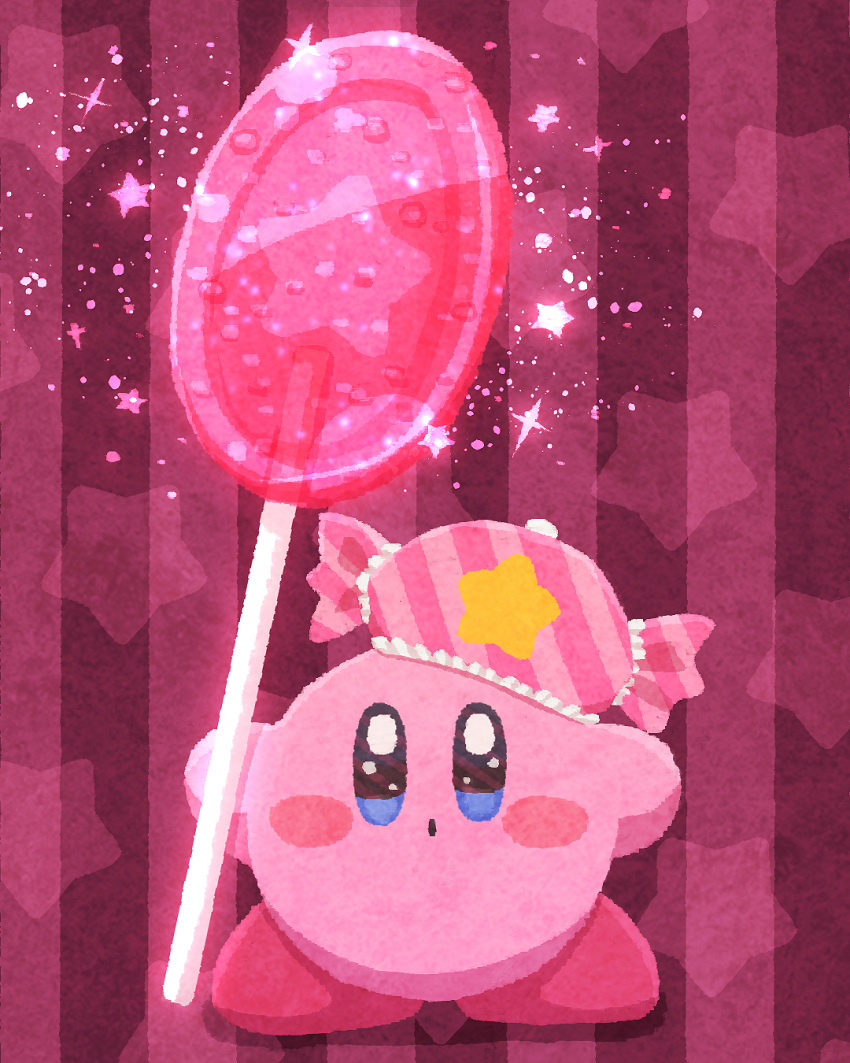 blue_eyes blush_stickers candy candy_wrapper food hat highres holding holding_candy holding_food kirby kirby_(series) lollipop looking_at_viewer miclot no_humans open_mouth pink_background pink_headwear pink_theme sparkling_eyes starry_background striped striped_background