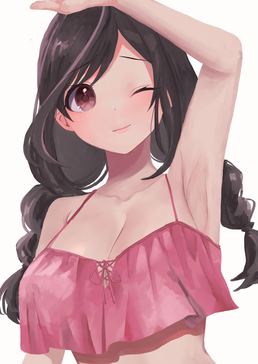 1girl 8ryo_ta absurdres arm_up armpits braid breasts brown_eyes brown_hair cleavage crop_top highres idolmaster idolmaster_shiny_colors large_breasts one_eye_closed solo tsukioka_kogane twin_braids twintails upper_body white_background