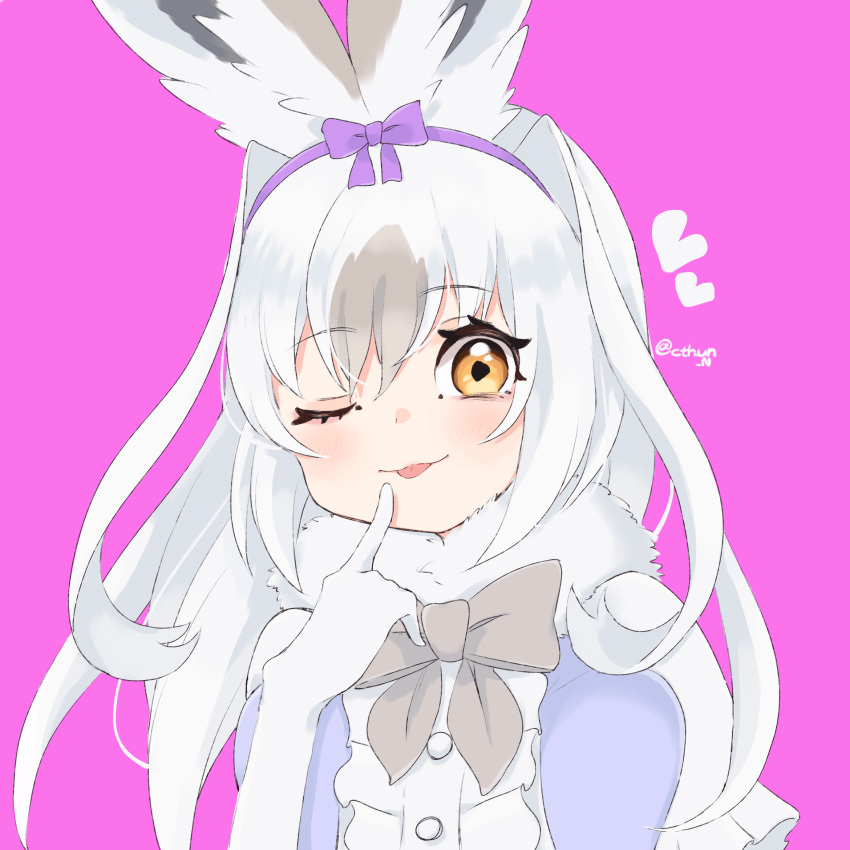 1girl animal_ears bow bowtie cthun_n dress elbow_gloves extra_ears gloves heart highres kemono_friends long_hair looking_at_viewer one_eye_closed pink_background rabbit_ears rabbit_girl ribbon scarf simple_background snowshoe_hare_(kemono_friends) solo tongue upper_body white_hair yellow_eyes