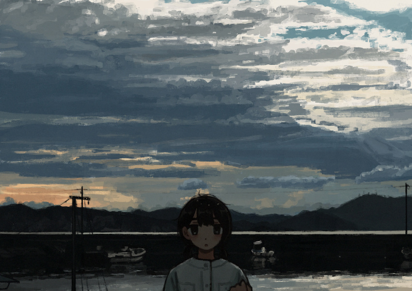 1girl absurdres black_eyes black_hair boat cloud cloudy_sky evening harbor highres jacket looking_at_viewer mountainous_horizon ocean original outdoors power_lines scenery short_hair sky solo uniunimikan utility_pole watercraft white_jacket