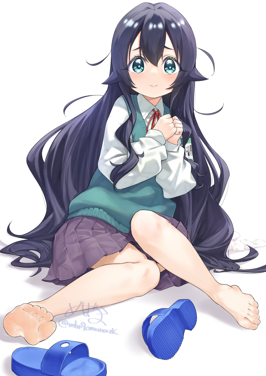 1girl absurdres aqua_eyes aqua_vest barefoot blue_footwear blue_hair closed_mouth feet full_body hair_between_eyes hands_up highres kimi_no_koto_ga_dai_dai_dai_dai_daisuki_na_100-nin_no_kanojo long_hair long_sleeves looking_at_viewer mbr90munouk miniskirt neck_ribbon on_ground own_hands_together pleated_skirt purple_skirt red_ribbon ribbon sandals school_uniform shirt signature simple_background sitting skirt soles solo toes twitter_username unworn_sandals very_long_hair white_background white_shirt yoshimoto_shizuka