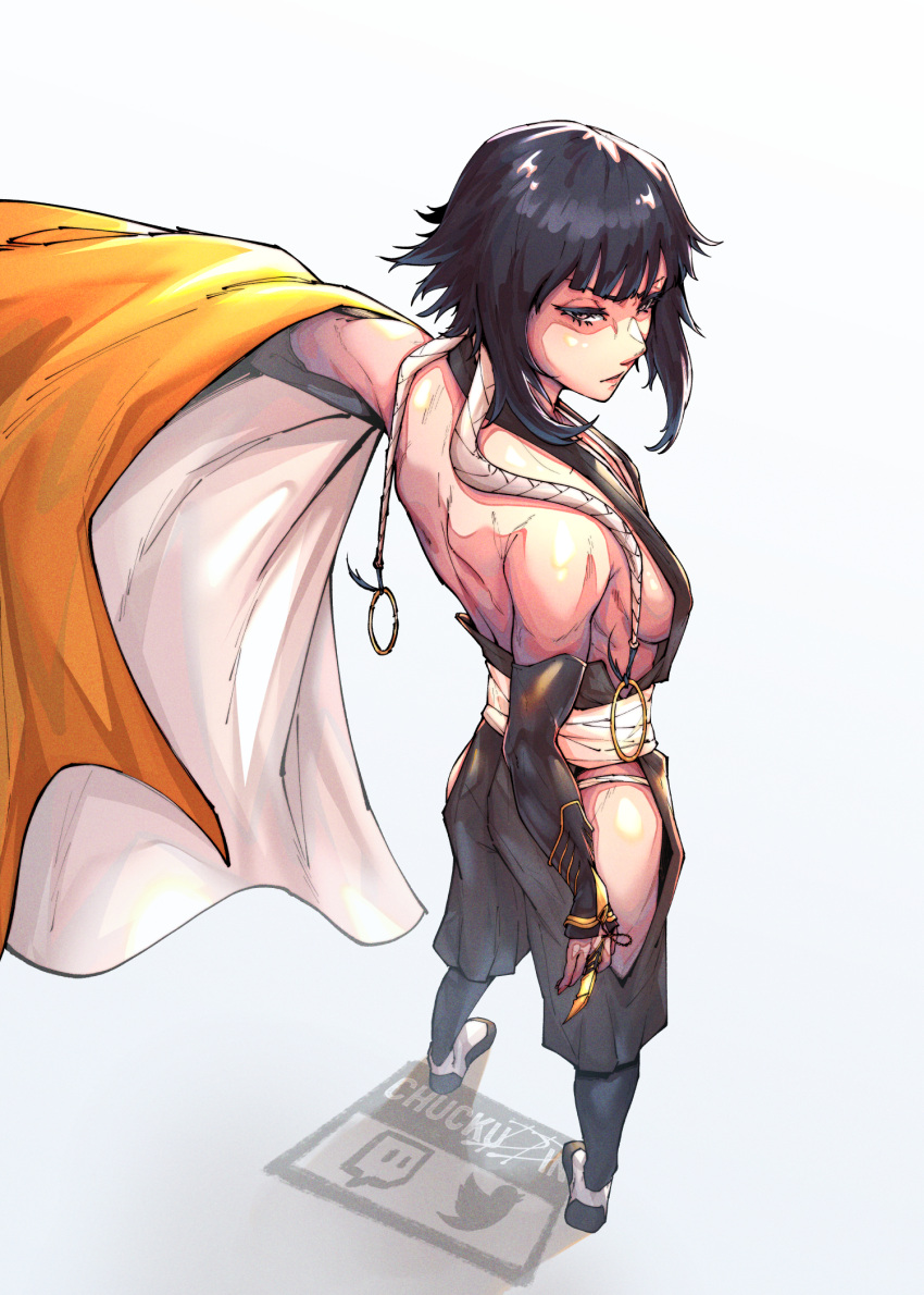 1girl artist_name bare_shoulders black_hair bleach breasts brown-eared_bulbul chuckuddin detached_sleeves from_behind fundoshi haori highres hip_vent japanese_clothes looking_at_viewer medium_hair short_hair_with_long_locks shoulder_blades sideboob small_breasts solo sui-feng taichou_haori twitch_logo twitter_logo