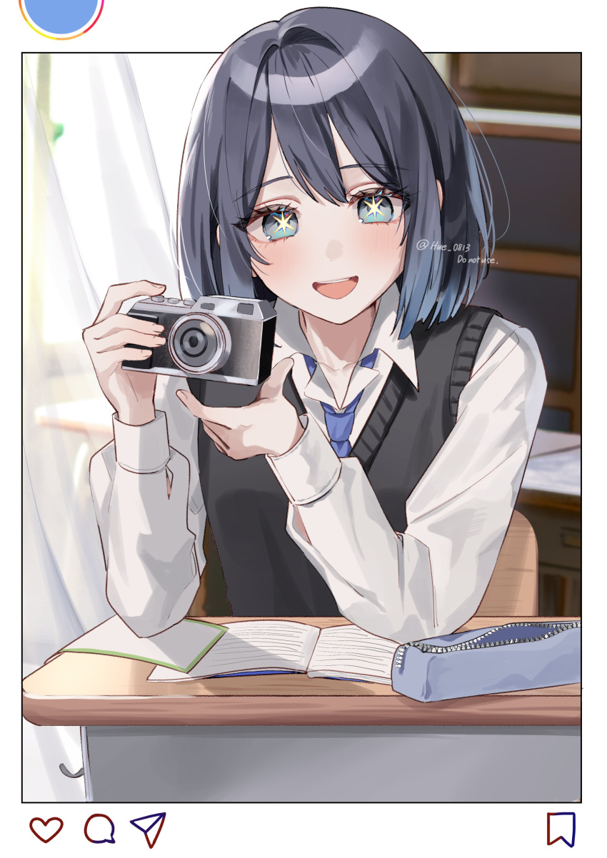 1girl absurdres black_sweater_vest blue_eyes blue_hair blue_necktie book camera collared_shirt desk highres holding holding_camera hue_0813 instagram kurokawa_akane long_sleeves medium_hair necktie oshi_no_ko pencil_case school_desk shirt solo star-shaped_pupils star_(symbol) star_in_eye sweater_vest swept_bangs symbol-shaped_pupils symbol_in_eye teeth twitter_username upper_teeth_only white_shirt