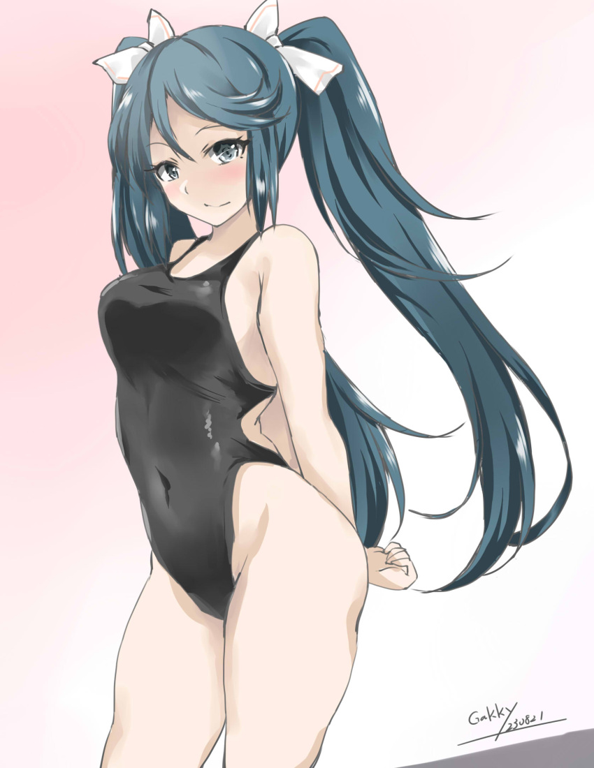 1girl black_one-piece_swimsuit blue_eyes blue_hair blush cowboy_shot gakky gradient_background hair_ribbon hairband highres isuzu_(kancolle) kantai_collection long_hair looking_at_viewer one-piece_swimsuit pink_background ribbon solo swimsuit twintails