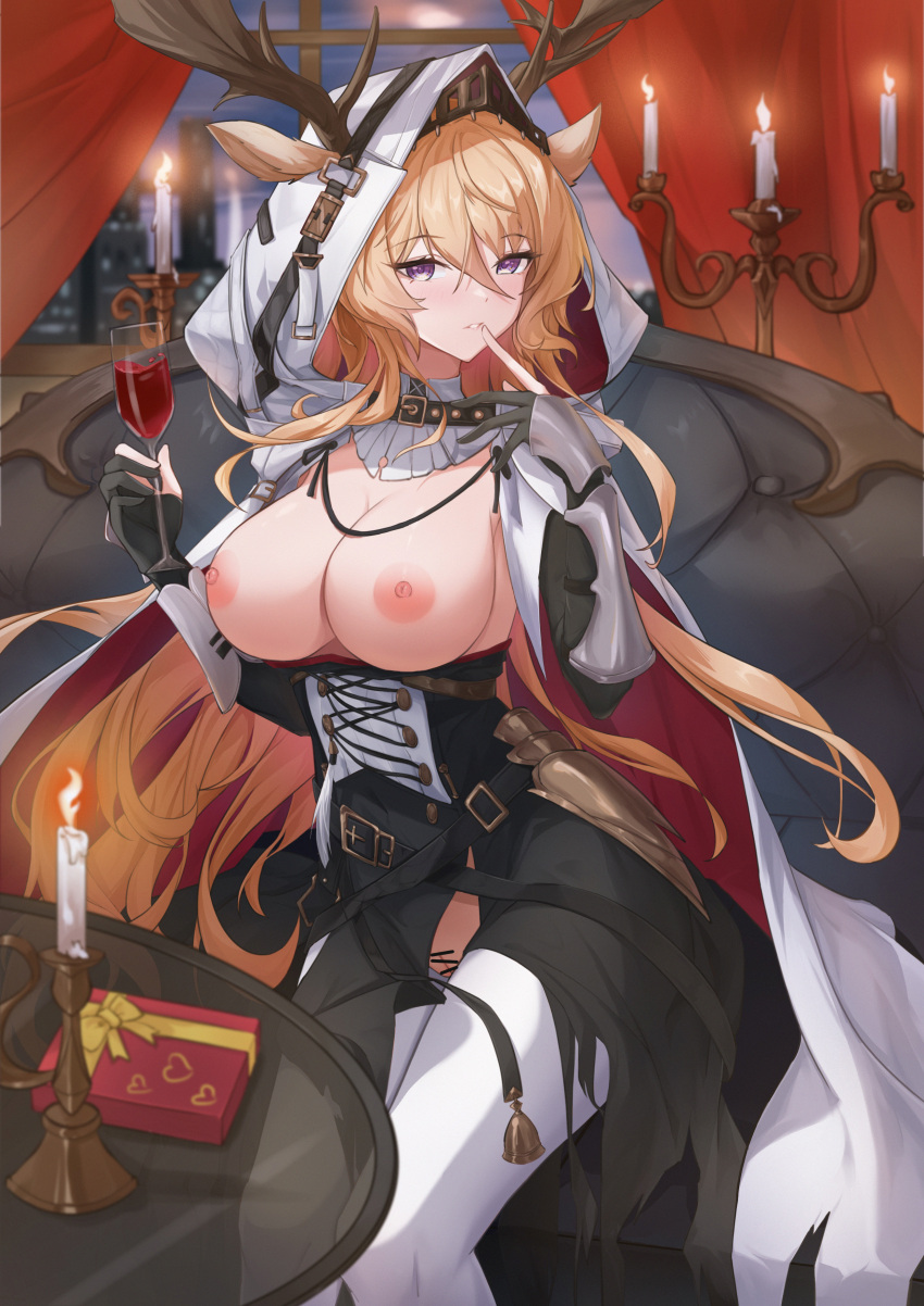 1girl absurdres animal_ears antlers antlers_through_hood arknights bar_censor black_dress blonde_hair blush box breasts breasts_out candle cape censored cleavage couch crotch_cutout cup deer_antlers deer_ears deer_girl dress drinking_glass ears_through_hood feet_out_of_frame finger_to_mouth fire gauntlets gift gift_box gloves highres holding holding_cup hood hood_up hooded_cape index_finger_raised indoors large_breasts long_hair looking_at_viewer night nipples on_couch partially_fingerless_gloves purple_eyes pussy red_curtains sitting sktre12 solo table variant_set very_long_hair viviana_(arknights) white_cape window wine_glass