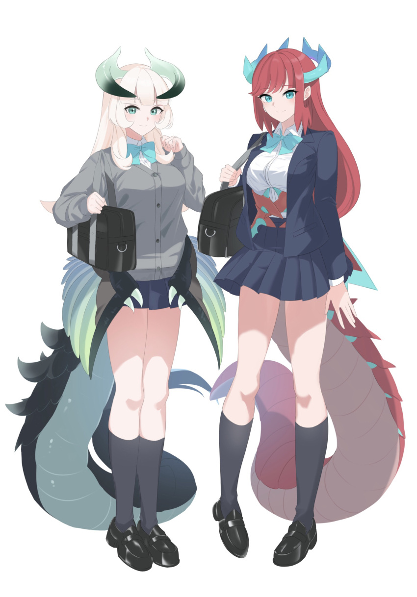 2girls alternate_costume blonde_hair blue_bow blue_bowtie blue_eyes bow bowtie chamber_dragonmaid dragon_girl dragon_horns dragon_tail duel_monster full_body green_eyes heichi highres horns kitchen_dragonmaid kneehighs long_hair low_wings multiple_girls pleated_skirt red_hair school_uniform shoes skirt socks sweater tail wings yu-gi-oh!