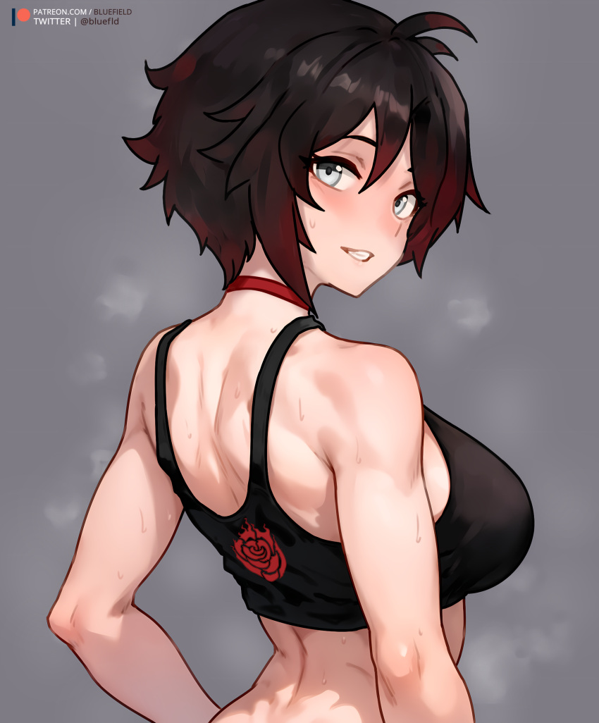 1girl ahoge alternate_breast_size back black_hair bluefield breasts choker commentary grey_background grey_eyes grin highres large_breasts looking_at_viewer looking_back multicolored_hair patreon_logo patreon_username ruby_rose rwby short_hair simple_background smile solo streaked_hair sweat teeth twitter_username upper_body watermark