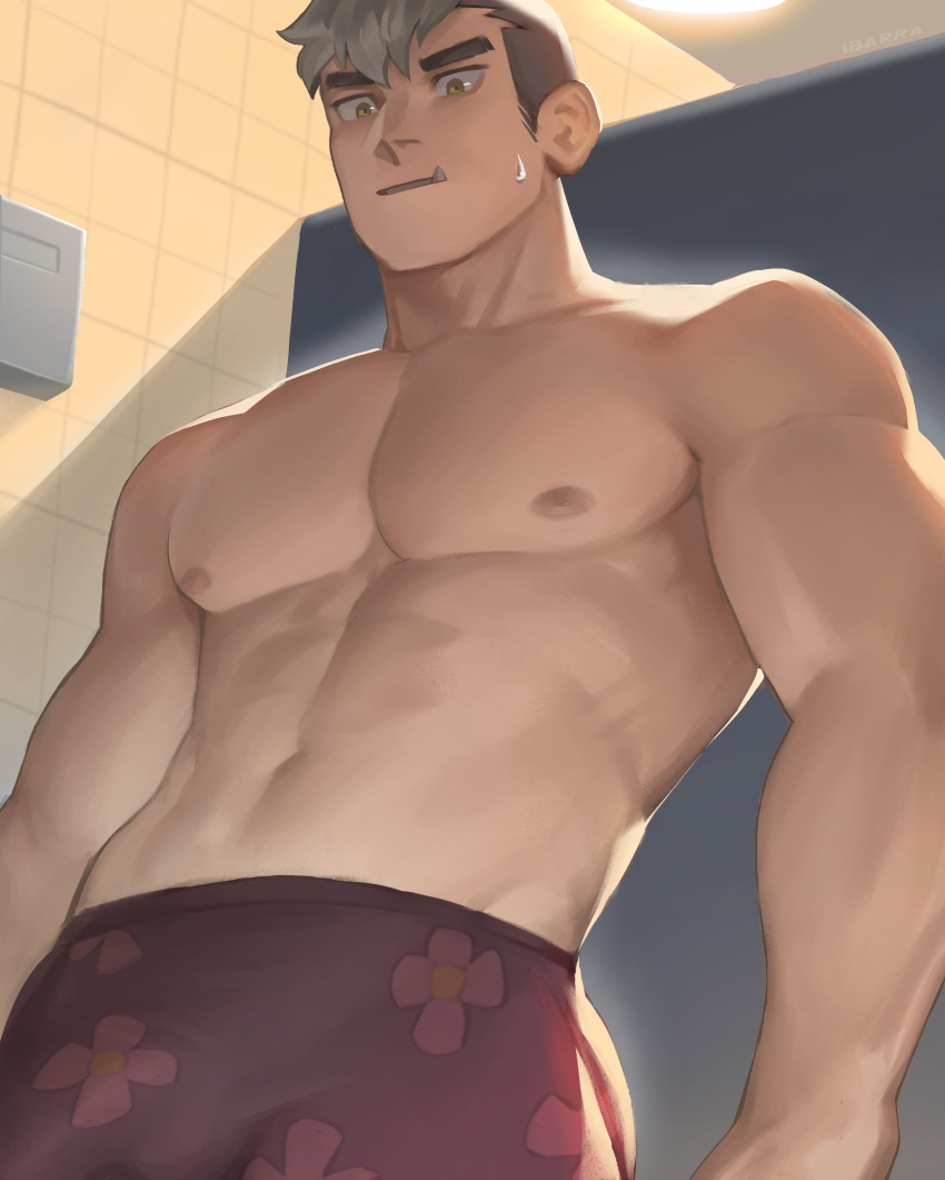 1boy abs absurdres bara barra.kun.7 bathroom brown_eyes grey_hair highres male_focus muscular muscular_male navel nipples open_mouth pectorals sharp_teeth short_hair solo sweatdrop teeth thick_eyebrows tusks undercut underwear underwear_only vladimir_elliot_kirilenko wan_sheng_jie yellow_eyes