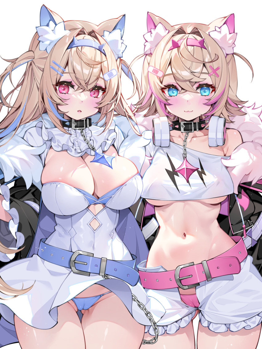 2girls animal_ears blonde_hair blue_eyes blue_hair blue_panties breasts cleavage dog_ears dog_girl fuwawa_abyssgard highres hololive hololive_english large_breasts long_hair looking_at_viewer midriff mococo_abyssgard multicolored_hair multiple_girls navel panties pink_eyes pink_hair siblings sisters thighs twins two-tone_hair underboob underwear virtual_youtuber waterring