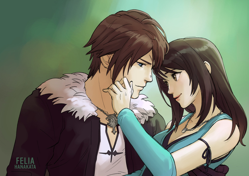 1boy 1girl arm_around_back arm_up arm_warmers artist_name bare_shoulders black_hair black_jacket black_ribbon black_shirt blue_cardigan blue_eyes breasts brown_eyes brown_hair cardigan chain_necklace cleavage couple felia_hanakata final_fantasy final_fantasy_viii fur_trim green_background hand_on_another's_cheek hand_on_another's_face hetero jacket jewelry looking_at_another medium_breasts medium_hair necklace parted_bangs ribbon rinoa_heartilly scar scar_on_face scar_on_forehead shirt short_hair smile squall_leonhart swept_bangs upper_body white_fur white_shirt