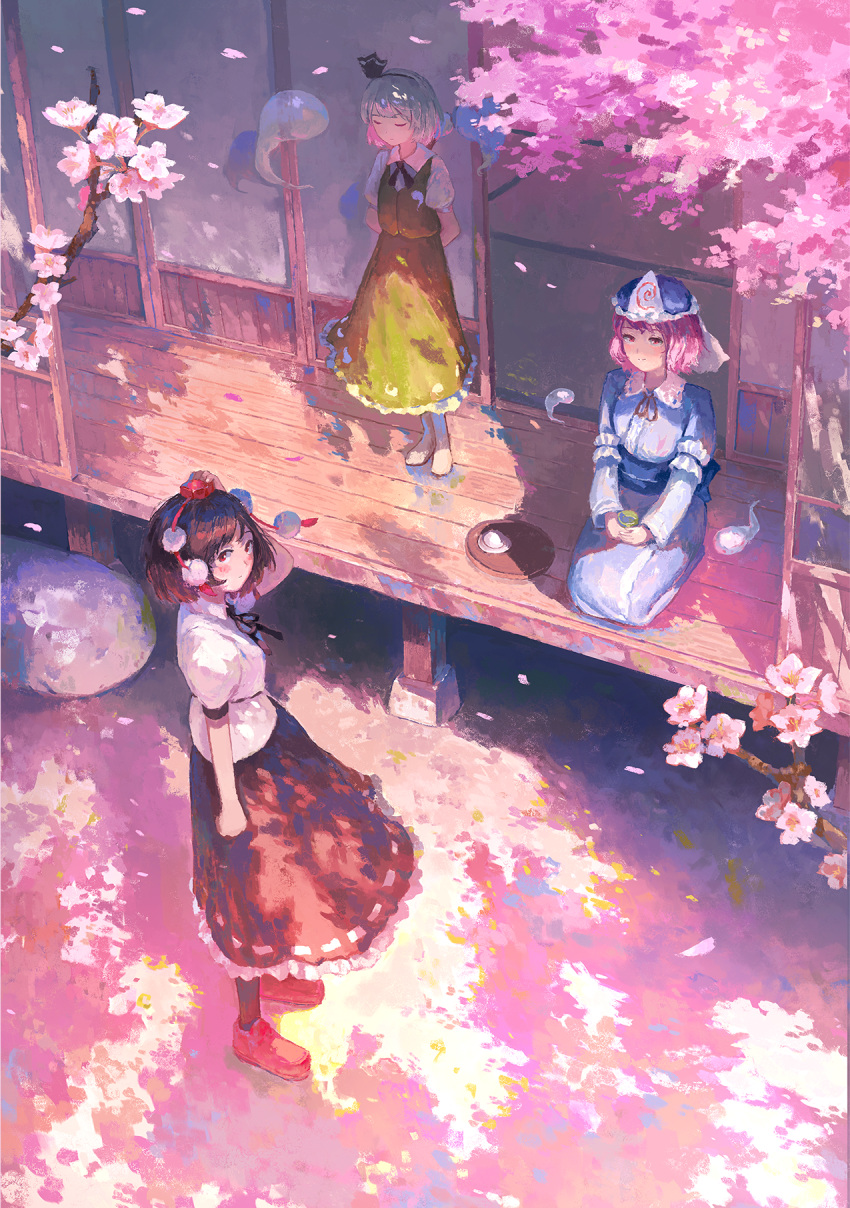 3girls black_hair black_hairband black_ribbon black_skirt blue_headwear blue_kimono blush cherry_blossoms closed_mouth collared_shirt fjsmu frilled_kimono frills green_skirt green_vest grey_hair hair_ribbon hairband hat highres hitodama japanese_clothes kimono konpaku_youmu konpaku_youmu_(ghost) long_sleeves mob_cap multiple_girls outdoors pink_eyes pink_hair pink_theme pom_pom_(clothes) red_eyes red_footwear red_headwear ribbon saigyouji_yuyuko shameimaru_aya shirt shoes short_hair short_sleeves sitting skirt smile standing tatami tokin_hat touhou triangular_headpiece veranda vest white_shirt wide_sleeves