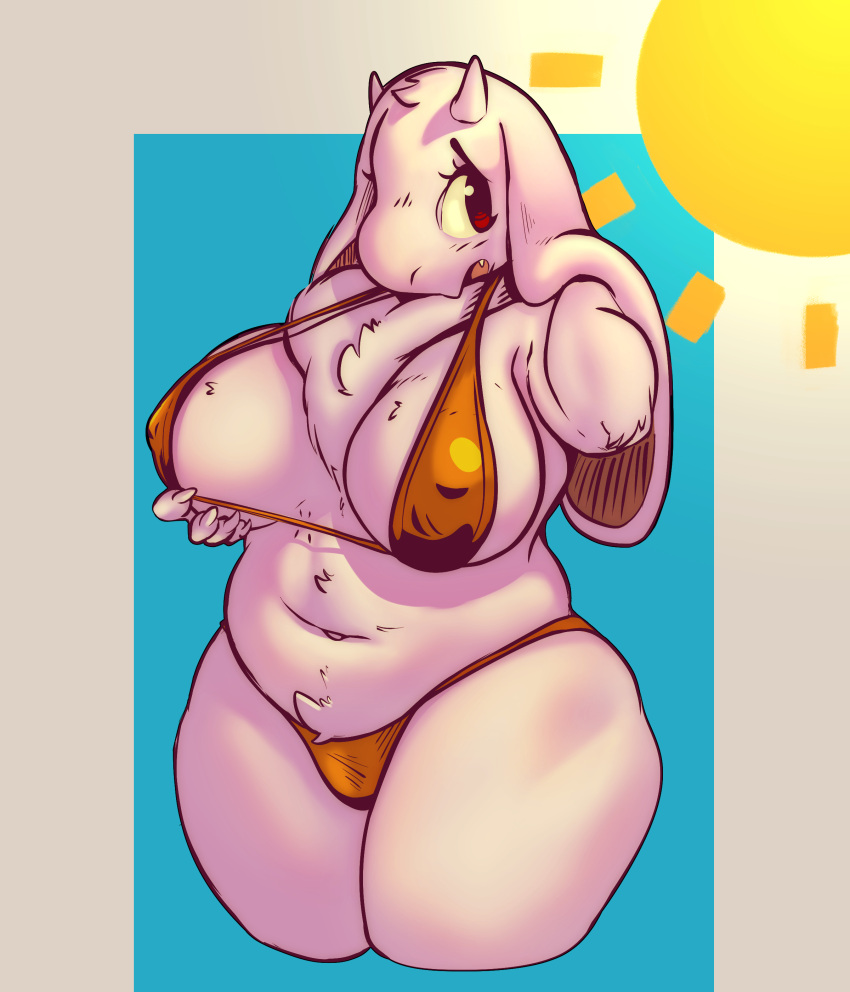 absurd_res anthro big_breasts bikini boss_monster bovid breasts caprine clothed clothing female fur hand_behind_head hand_on_breast hi_res horn long_ears mammal mature_female simple_background slightly_chubby solo swimwear thick_thighs toriel undertale undertale_(series) white_body white_fur wisty