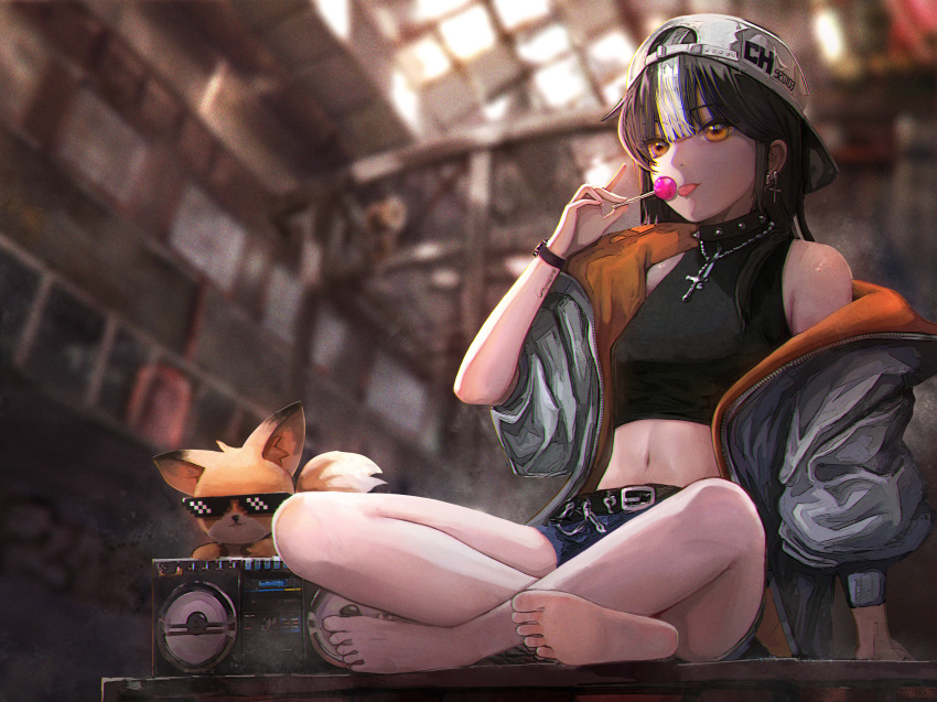 1girl absurdres arm_support backwards_hat bare_legs barefoot baseball_cap belt black_hair black_shirt blue_shorts blurry blurry_background boombox candy crop_top depth_of_field earrings feet film_grain food fox full_body grey_jacket hand_up hat highres holding holding_candy holding_food holding_lollipop indoors jacket jewelry legs lollipop long_hair long_sleeves midriff multicolored_hair navel off_shoulder on_ground open_clothes open_jacket orange_eyes original puffy_long_sleeves puffy_sleeves shirt short_shorts shorts sidelocks single_bare_shoulder sitting sleeveless sleeveless_shirt soles solo streaked_hair sunglasses toenails toes tongue tongue_out turtleneck watch wei_hua_(vlad_3) white_hair wristwatch