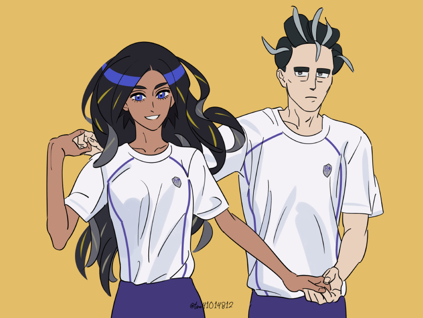 1boy 1girl alternate_costume black_hair blue_eyes closed_mouth commentary_request dark-skinned_female dark_skin eyelashes frown geeta_(pokemon) grey_eyes grin holding_hands larry_(pokemon) long_hair multicolored_hair pokemon pokemon_sv purple_shorts shirt short_sleeves shorts simple_background smile t-shirt teeth tsuruba_(tsu41014812) twitter_username two-tone_hair white_shirt yellow_background