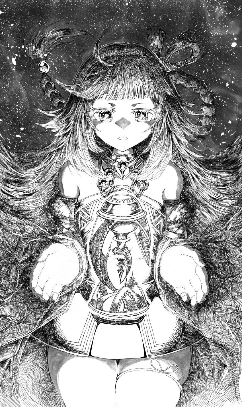 1girl absurdres bare_shoulders braid collar cowboy_shot crowned_by_the_world_chalice detached_sleeves duel_monster floating floating_hair glowing greyscale hands_up highres ib_(yu-gi-oh!) long_hair long_sleeves metal_collar monochrome parted_lips sea_whites solo wide_sleeves world_legacy_-_world_chalice yu-gi-oh!