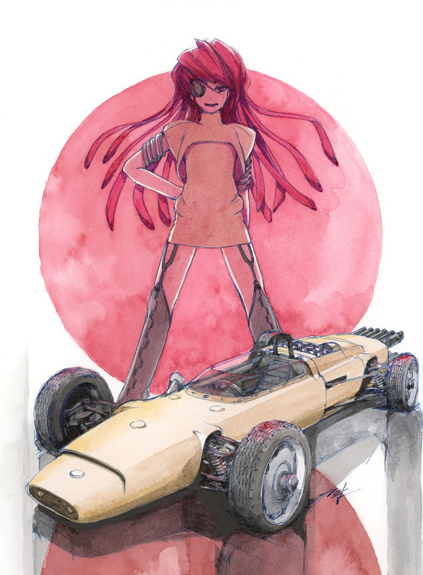 1girl arm_behind_back black_thighhighs brown_shirt car eyepatch floating_hair formula_one formula_racer garter_straps hi_fumiyo highres honda honda_ra270 long_hair motor_vehicle one_eye_covered open_mouth original personification race_vehicle racecar red_hair shadow shirt signature smile solo thighhighs traditional_media vehicle_and_personification vehicle_focus very_long_hair