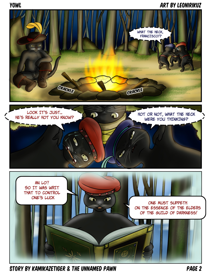 absurd_res anthro balls baltazar_(dreamworks) book campfire clothing comic comic_panel dialogue domestic_cat dreamworks el_guante_blanco felid feline felis forest francisco_(dreamworks) genitals group hat headgear headwear hi_res leonirikuz male male/male mammal mostly_nude nude penis philip_(dreamworks) plant puss_in_boots_(dreamworks) tree