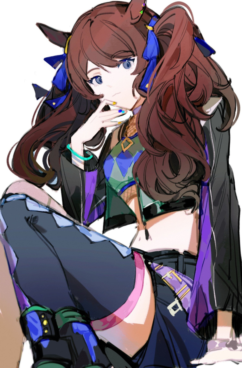 1girl animal_ears arm_support black_footwear black_jacket black_shorts black_thighhighs blue_eyes boots bracelet breasts brown_hair closed_mouth crop_top cropped_jacket feet_out_of_frame hand_up highres hikawayunn horse_ears jacket jewelry knees_up long_hair long_sleeves midriff navel necklace open_clothes open_jacket shorts simple_background single_thighhigh sitting small_breasts solo thighhighs tosen_jordan_(umamusume) twintails umamusume white_background