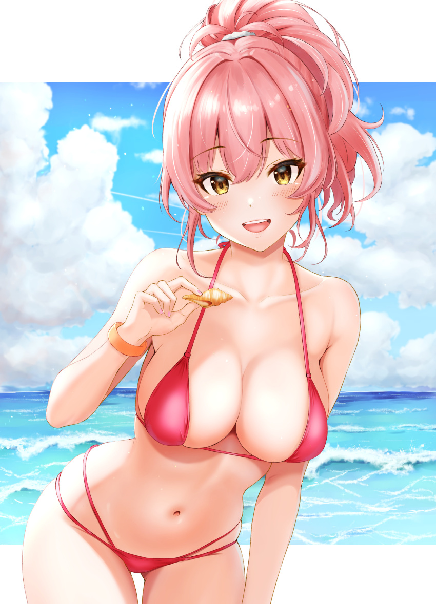 1girl absurdres armpit_crease bare_shoulders bikini blue_sky bracelet breasts ca_paria cleavage cloud cloudy_sky collarbone commentary_request fingernails gold_bracelet hair_between_eyes hair_ornament hair_scrunchie high_ponytail highres holding holding_shell idolmaster idolmaster_cinderella_girls jewelry jougasaki_mika large_breasts leaning_forward looking_at_viewer multi-strapped_bikini nail_polish navel ocean open_mouth pink_hair pink_nails red_bikini scrunchie seashell shell skindentation sky smile solo stomach swimsuit teeth thighs white_scrunchie yellow_eyes