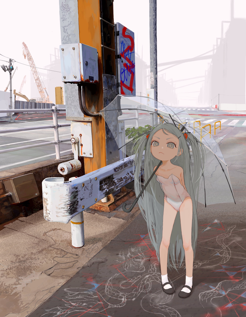 1girl absurdres bare_shoulders breasts city crane_(machine) crosswalk empty_eyes fence fog frown full_body graffiti grey_eyes grey_hair guard_rail highres leotard looking_at_viewer mary_janes messy_hair ohgnokuni original outdoors pole road shoes sidewalk sky small_breasts socks solo standing strapless strapless_leotard traffic_light transparent transparent_umbrella two_side_up umbrella v-shaped_eyebrows white_leotard white_sky white_socks