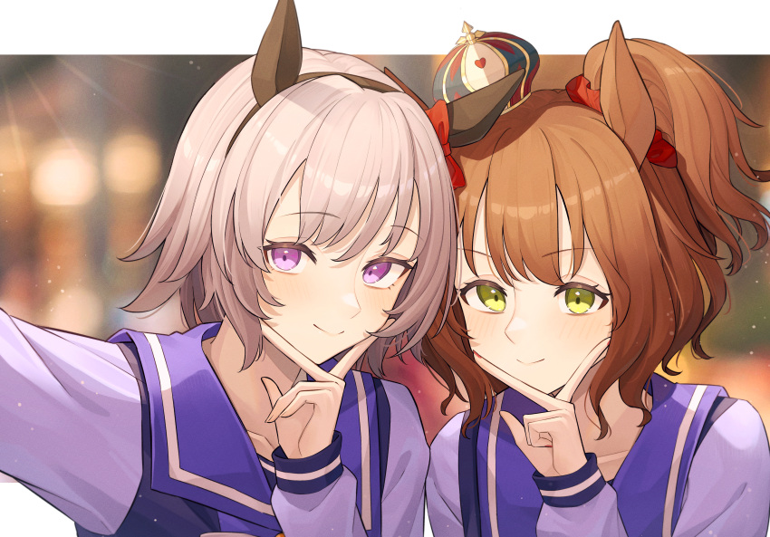 2girls absurdres animal_ears aston_machan_(umamusume) brown_hair closed_mouth collarbone curren_chan_(umamusume) highres horse_ears horse_girl isana615 long_sleeves looking_at_viewer multiple_girls purple_hair school_uniform short_hair short_ponytail side_ponytail smile tracen_school_uniform umamusume v white_hair yellow_eyes