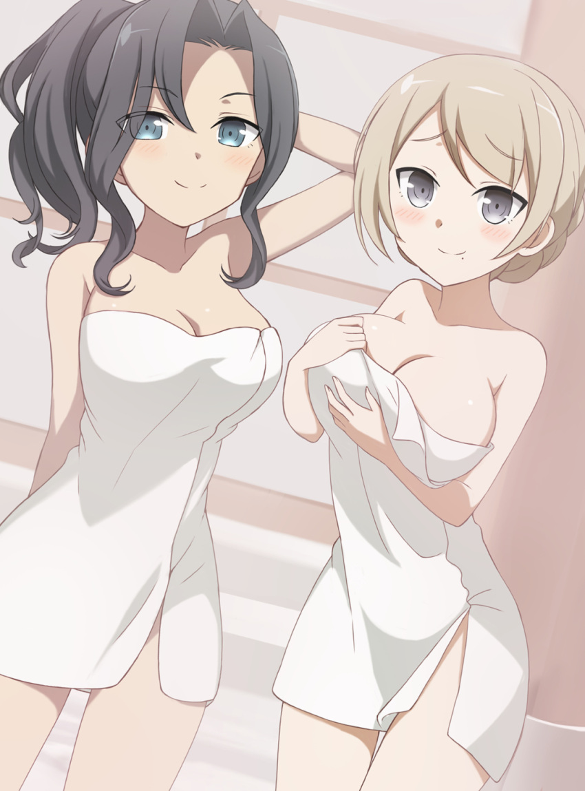 2girls black_hair blonde_hair blue_eyes blush braid braided_bun breasts commentary_request grey_eyes hair_bun highres kusunoki_mebuki_wa_yuusha_de_aru large_breasts long_hair looking_at_viewer miroku_renge miroku_yumiko mole mole_under_mouth multiple_girls naked_towel ponytail smile towel user_tmwx3385 yuuki_yuuna_wa_yuusha_de_aru:_hanayui_no_kirameki yuusha_de_aru