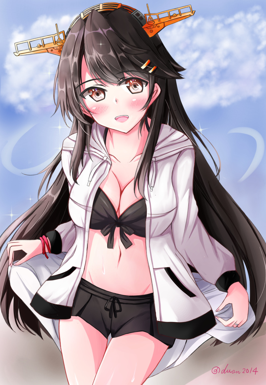 1girl absurdres bikini bikini_shorts black_bikini black_hair blush breasts cowboy_shot duan_(duan2012) grey_eyes hair_ornament hairband hairclip haruna_(kancolle) haruna_kai_ni_(kancolle) headgear highres hood hood_down hoodie kantai_collection long_hair long_sleeves looking_at_viewer medium_breasts navel official_alternate_costume open_clothes open_hoodie open_mouth shorts solo standing swimsuit very_long_hair white_hoodie