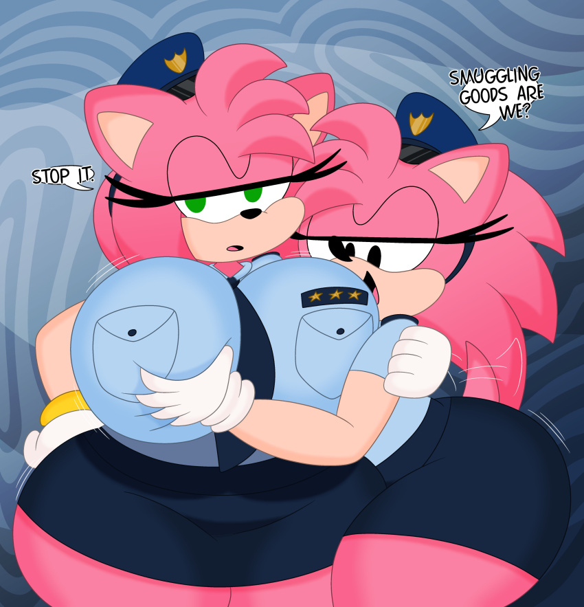 2023 3barts absurd_res amy_rose anthro big_breasts big_butt black_nose black_pupils bottomwear bouncing_breasts breast_grab breast_jiggle breasts butt classic_amy_rose classic_sonic_(universe) clothed clothing curvy_figure dialogue digital_drawing_(artwork) digital_media_(artwork) duo english_text eulipotyphlan eyelashes female fingers fur gloves green_eyes hair half-closed_eyes hand_on_another's_breast hand_on_breast handwear hat headgear headwear hedgehog hi_res hourglass_figure huge_breasts jiggling mammal miniskirt motion_lines multicolored_body multicolored_fur narrowed_eyes necktie open_mouth pink_body pink_fur pink_hair police_hat police_officer police_uniform policewoman pupils sega simple_background skirt small_waist smile sonic_the_hedgehog_(series) speech_bubble tail tail_motion tailwag tan_body tan_fur text thick_thighs thigh_jiggle two_tone_body two_tone_fur uniform wide_hips