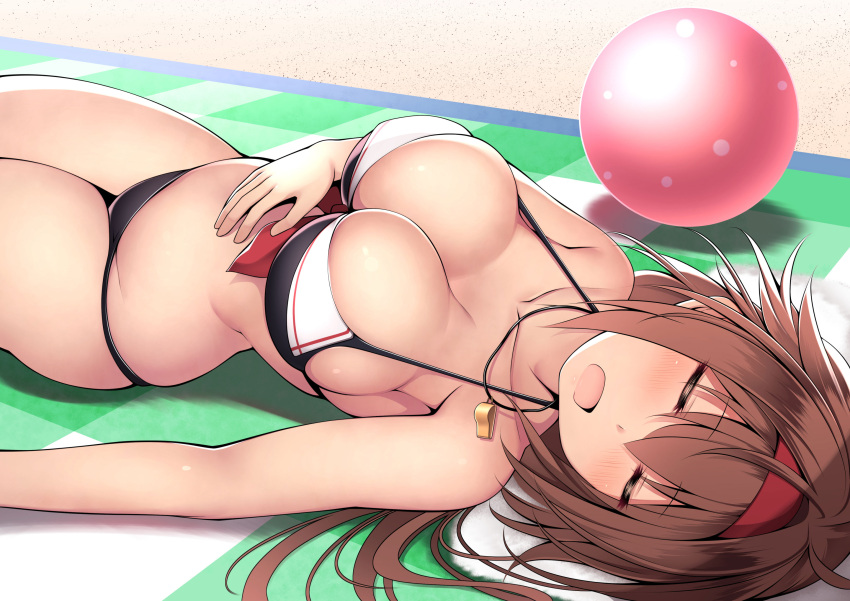 1girl adapted_costume ahoge ball bare_arms bare_legs bare_shoulders beach bikini black_bikini blush breasts brown_hair cleavage closed_eyes collarbone commentary_request hair_between_eyes hairband highres kantai_collection kerchief kuromayu large_breasts long_hair lying navel on_back open_mouth outdoors sailor_bikini sailor_collar sand shiratsuyu_(kancolle) shiratsuyu_kai_ni_(kancolle) sleeping solo swimsuit tan whistle whistle_around_neck