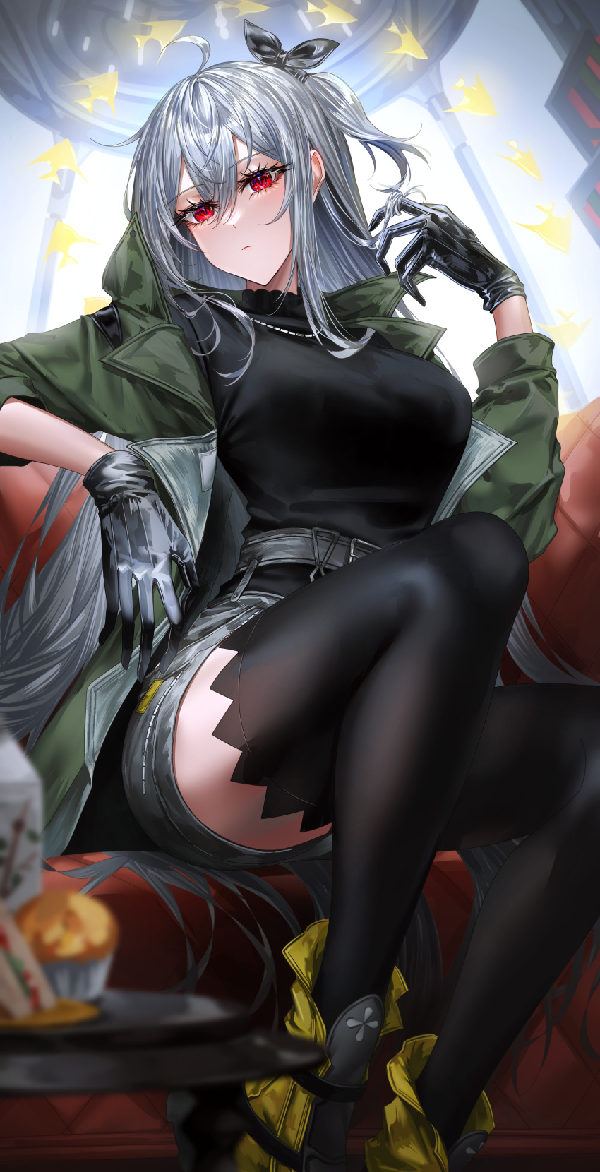 1girl absurdres ahoge akqne angelfish arknights belt black_bow black_gloves black_sweater black_thighhighs boots bow breasts closed_mouth expressionless gloves green_jacket grey_hair grey_shorts hair_bow highres jacket jewelry long_hair medium_breasts necklace one_side_up open_clothes open_jacket red_eyes shorts skadi_(arknights) solo sweater thighhighs very_long_hair yellow_footwear