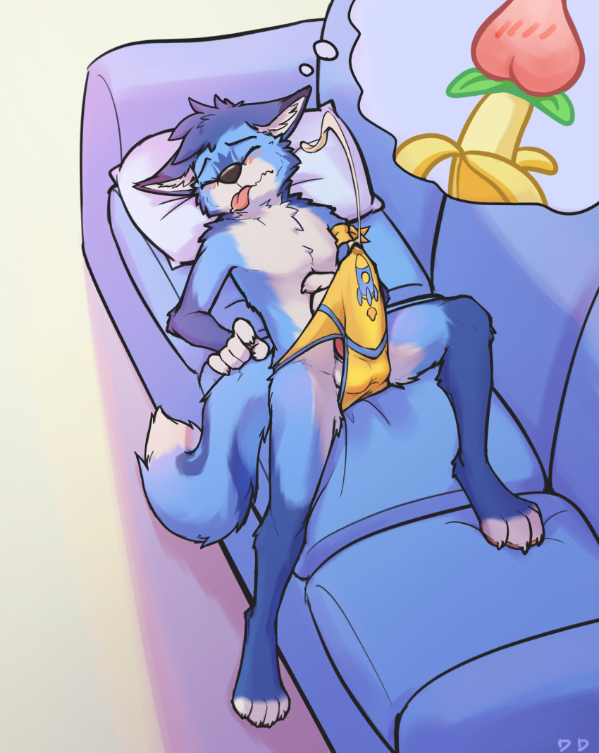 anthro balls blep blue_body blue_fur blush bodily_fluids bulge canid canine claws clothed clothing cum cum_in_clothing cum_through_clothing cumshot ddgio ejaculation erection fox fur furniture genital_fluids genitals head_on_pillow hi_res keero_(synex) lying male mammal masturbation on_back on_sofa penile penile_masturbation sofa solo tenting tongue tongue_out underwear underwear_only wet wet_clothing