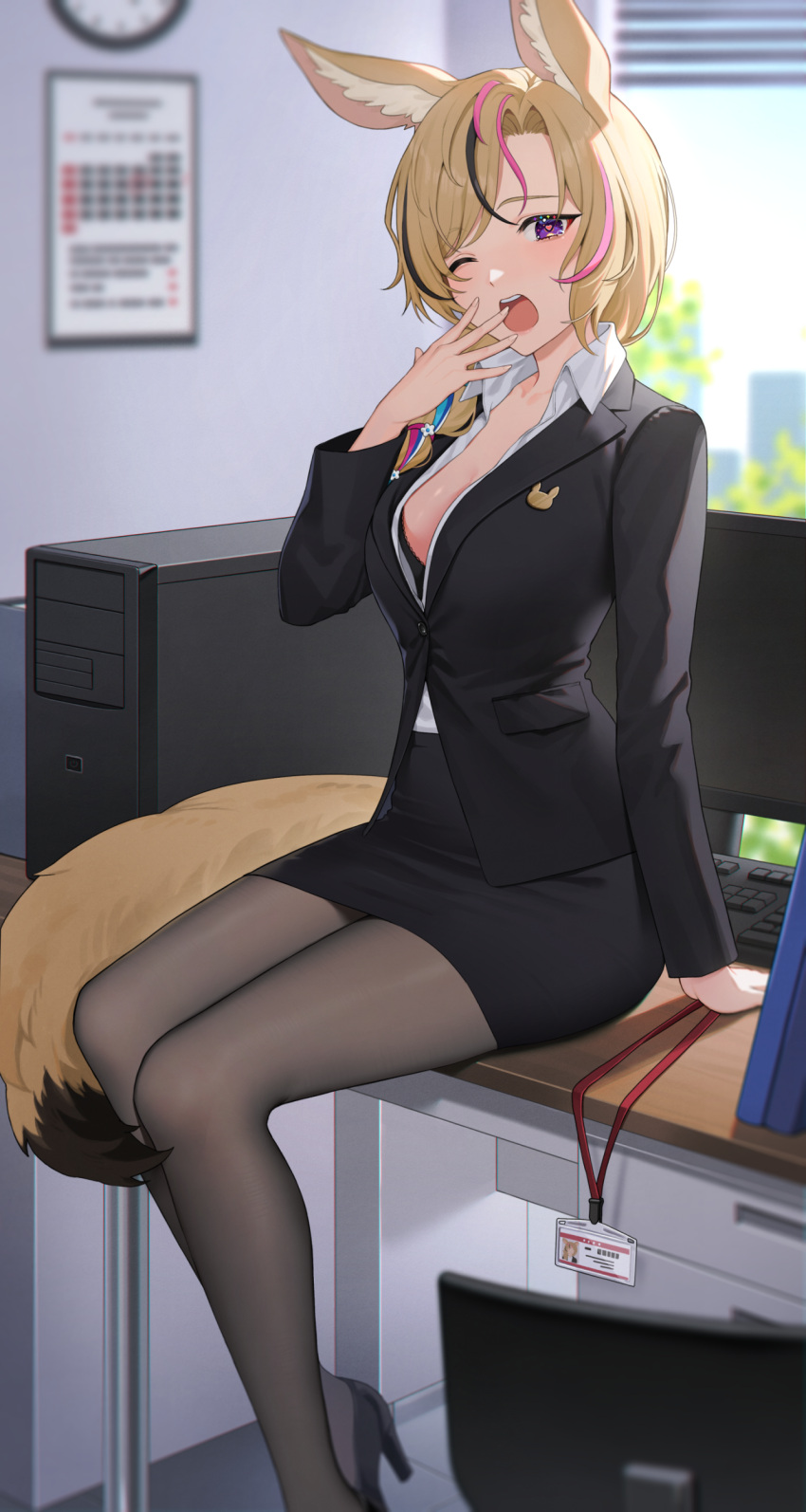 1girl absurdres animal_ear_fluff animal_ears black_hair black_jacket black_skirt blonde_hair collared_shirt computer desk fox_ears fox_girl fox_tail high_heels highres hololive id_card indoors jacket long_sleeves looking_at_viewer monitor multicolored_hair omaru_polka on_desk one_eye_closed pantyhose pink_hair purple_eyes reiji-rj shirt skirt solo streaked_hair tail virtual_youtuber