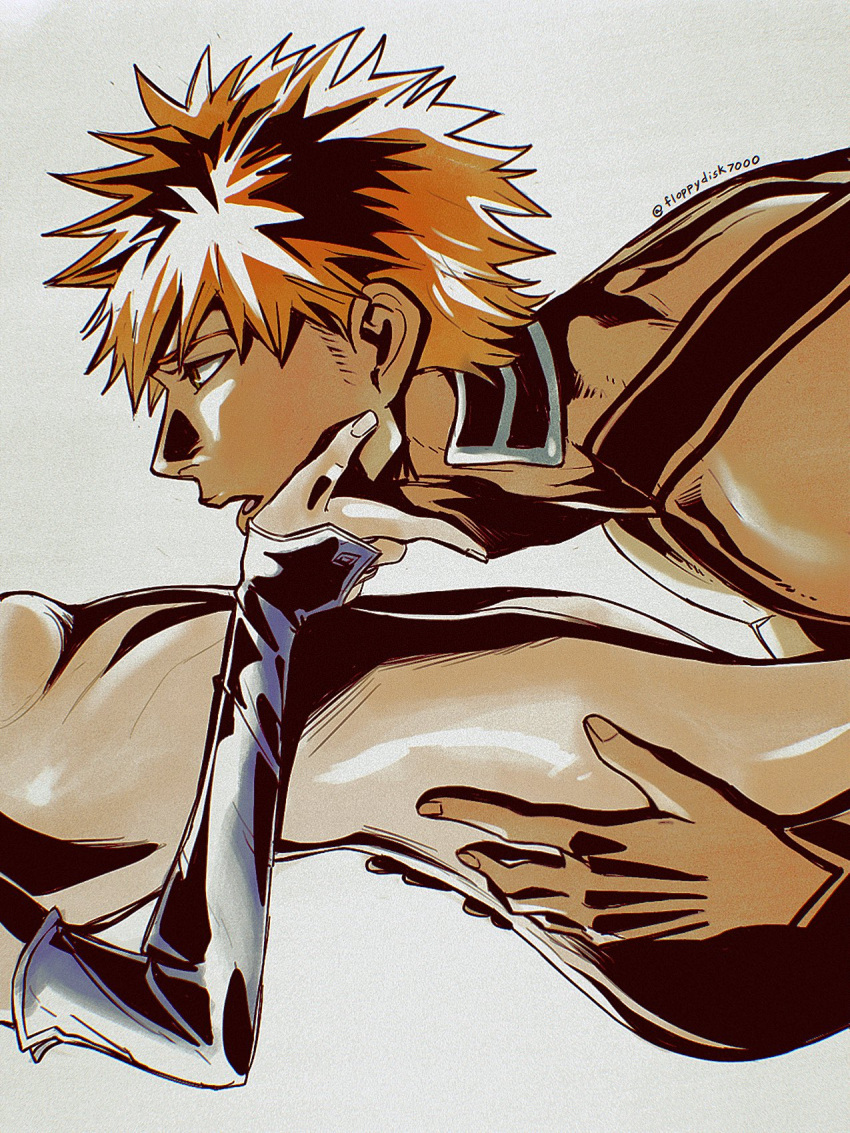 1boy 1girl bleach body_markings breasts elbow_gloves english_commentary fingernails floppydisk7000 gloves hand_on_another's_ass hand_on_another's_face highres kuchiki_rukia kurosaki_ichigo looking_up lying lying_on_person muscular muscular_male nude on_back orange_hair parted_lips shadow short_hair simple_background spiked_hair twitter_username underboob white_background white_gloves