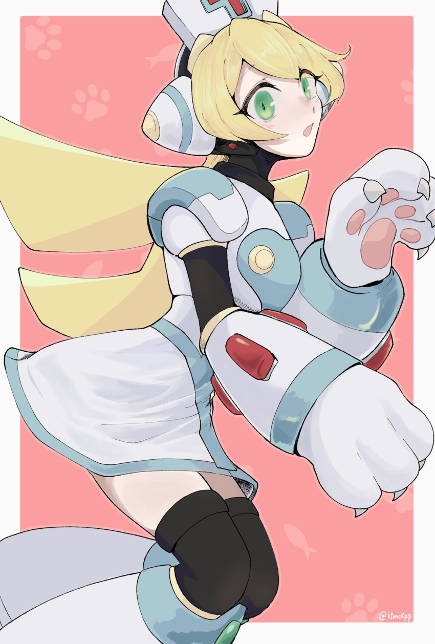 1girl android animal_hands blonde_hair cat_girl cat_paws cinnamon_(mega_man) commentary green_eyes hat highres ktmckpp long_hair mega_man_(series) mega_man_x:_command_mission mega_man_x_(series) nurse nurse_cap solo symbol-only_commentary