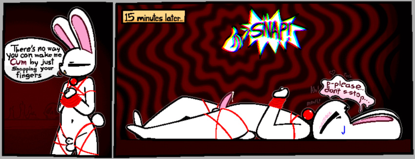 animated anthro ball_gag balls bdsm blush bodily_fluids bondage bound comic digital_media_(artwork) dripping ejaculation english_text erection floating_hands fur gag genital_fluids genitals hands-free harness hypnosis kama_(wendigoop) lagomorph leporid male mammal mind_control nude penis pentagram pentagram_harness precum precum_drip rabbit restraints rope rope_bondage rope_harness sex snap snapping_fingers solo squirming submissive subtle_animation tail teeth text wendigoop white_body white_fur