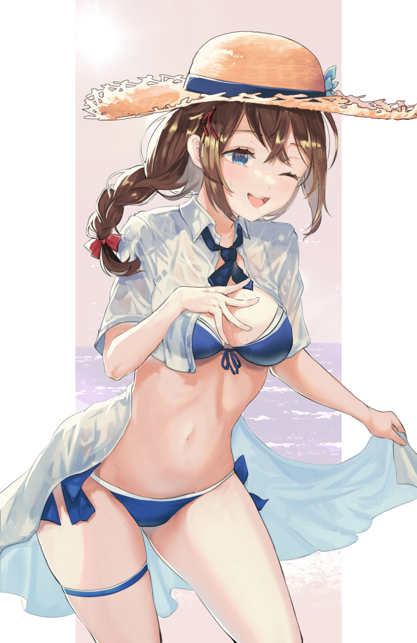 1girl bikini blue_bikini blue_eyes braid breasts brown_hair brown_headwear hair_flaps hat highres kantai_collection kouga_(mutsumi) large_breasts long_hair navel official_alternate_costume one_eye_closed open_clothes open_mouth open_shirt shigure_(kancolle) shigure_kai_san_(kancolle) shirt short_sleeves single_braid smile solo straw_hat swimsuit thigh_strap white_shirt