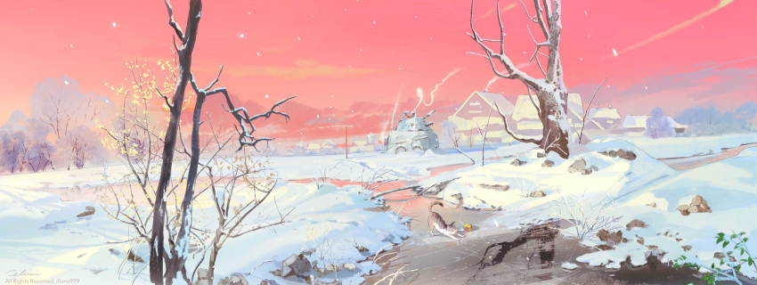 artist_name ball branch cat closed_eyes cloud field flower frozen_lake highres house illumi999 lake leaf orange_sky original red_sky reflection reflective_water rooftop shadow sky snow snow_on_tree snowing stretching sunset tree