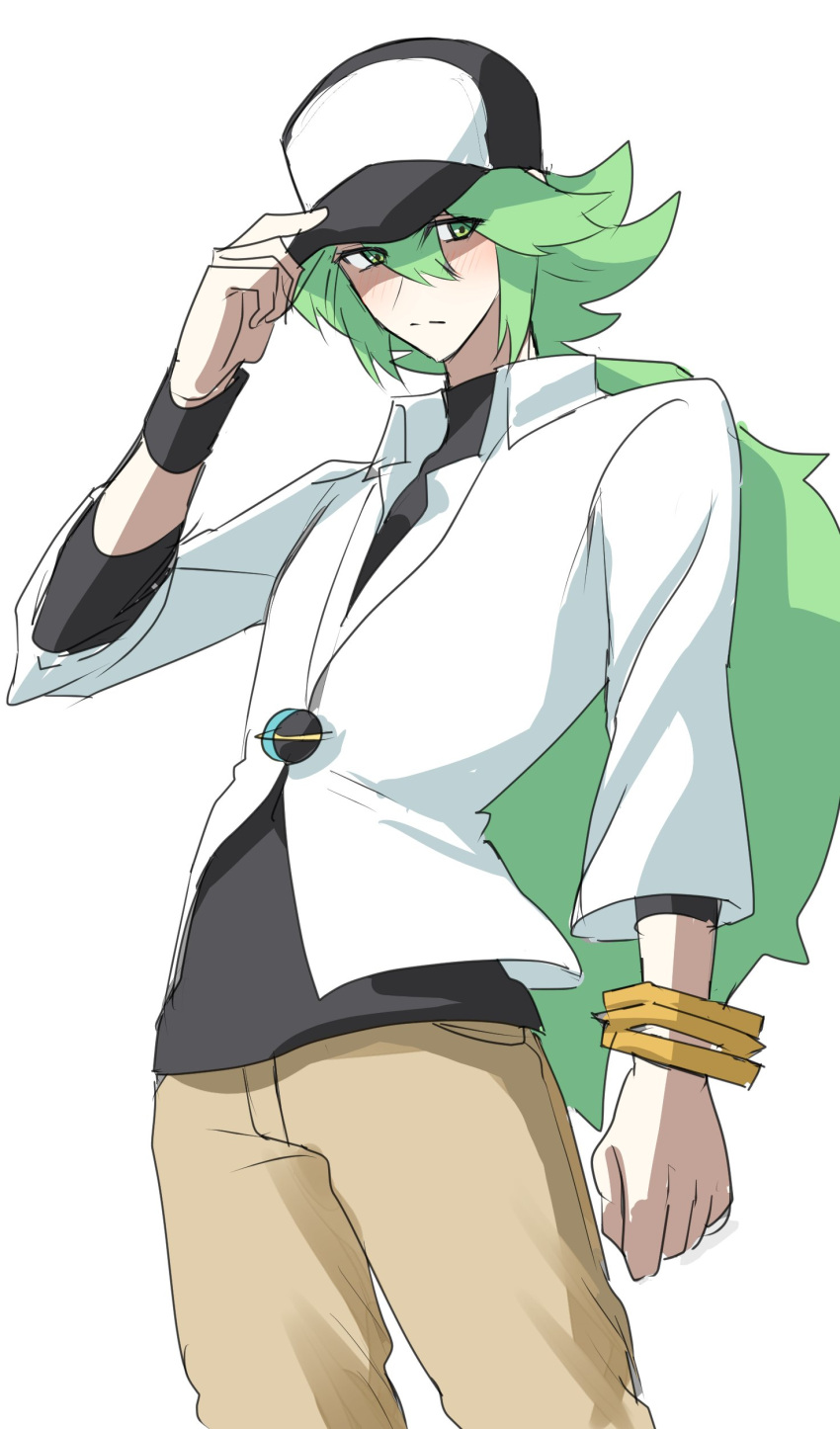 1boy absurdres arm_at_side asamaru1225 bangle black_headwear blush bracelet closed_mouth collared_shirt cowboy_shot green_eyes green_hair hair_between_eyes hand_on_headwear hand_up hat highres jewelry long_hair looking_to_the_side male_focus n_(pokemon) necklace pants pokemon pokemon_(game) pokemon_bw shirt simple_background sketch split_mouth undershirt white_background white_shirt