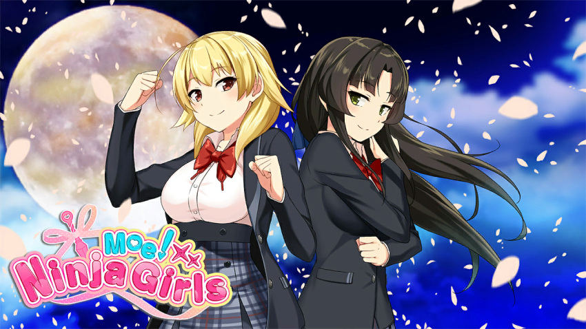 2girls black_hair blonde_hair blue_background breasts cherry_blossoms copyright_name full_moon green_eyes hanao_akari large_breasts logo moe!_ninja_girls moon multiple_girls necktie non-web_source red_eyes saion-ji_enju school_uniform skirt straight_hair