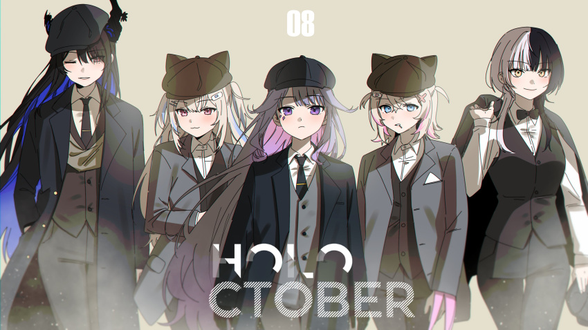 5girls absurdres black_hair black_necktie black_suit blonde_hair blue_eyes blue_hair bow bowtie colored_inner_hair formal fuwawa_abyssgard gangster grey_hair hair_ornament hat hievasp highres holoadvent hololive hololive_english jacket jewel_under_eye koseki_bijou long_hair looking_at_viewer mafia mococo_abyssgard multicolored_hair multiple_girls necktie nerissa_ravencroft pant_suit pants peaky_blinders pink_eyes pink_hair purple_eyes shiori_novella siblings sisters split-color_hair streaked_hair suit trench_coat twins two-tone_hair virtual_youtuber x_hair_ornament yakuza yellow_eyes