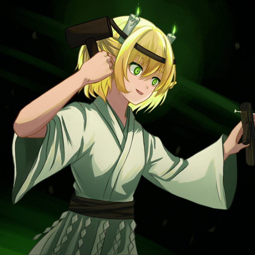 1girl blonde_hair breasts brown_sash candle chunjiu commentary_request cowboy_shot dutch_angle fire flame green_eyes green_fire hair_between_eyes half_updo hashihime highres holding holding_mallet japanese_clothes kimono mallet medium_bangs mizuhashi_parsee nail open_mouth pointy_ears shide short_hair short_sleeves small_breasts smile solo straw_doll touhou ushi_no_koku_mairi white_kimono