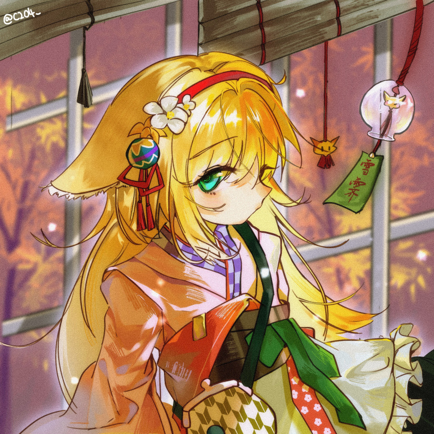 1girl alkylturtle animal_ears apron aqua_eyes arknights blonde_hair blush chinese_commentary coin_purse commentary_request fox_ears fox_girl frilled_apron frills highres japanese_clothes kimono long_hair obi official_alternate_costume pink_kimono sash solo suzuran_(arknights) suzuran_(yukibare)_(arknights) waist_apron white_apron yagasuri