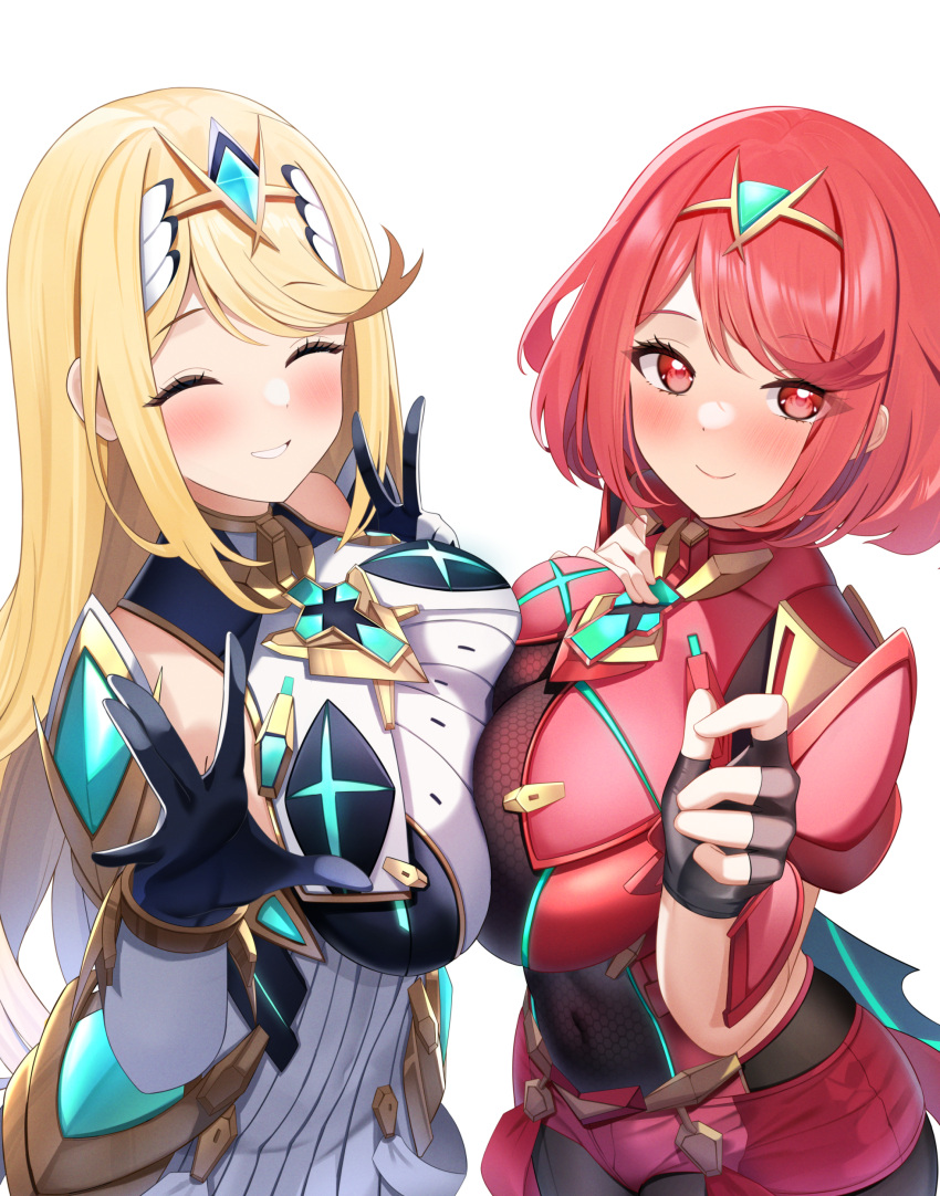 2girls absurdres armor black_gloves blonde_hair bob_cut breast_press breasts chest_jewel closed_eyes core_crystal_(xenoblade) covered_navel dress elbow_gloves facing_viewer fingerless_gloves gloves happy highres kanno_esuto large_breasts long_hair looking_at_viewer multiple_girls mythra_(xenoblade) pyra_(xenoblade) red_armor red_eyes red_hair red_shorts short_dress short_hair short_shorts shorts shoulder_armor smile swept_bangs symmetrical_docking tiara two-tone_gloves white_background white_dress white_gloves xenoblade_chronicles_(series) xenoblade_chronicles_2