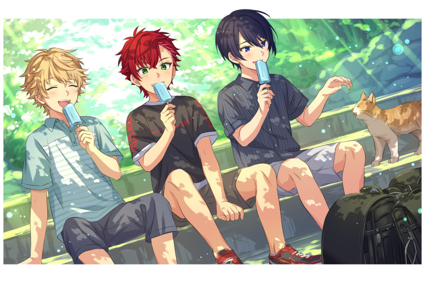 3boys aged_down bag black_hair blonde_hair blue_eyes blush border brown_shorts buttons cat closed_eyes collared_shirt commentary_request dress_shirt feet_out_of_frame food green_eyes grey_shorts hand_up helios_rising_heroes highres holding holding_food holding_popsicle kisaragi_ren_(helios_rising_heroes) male_child male_focus multiple_boys open_mouth otori_akira outdoors partial_commentary popsicle red_hair sekina shirt short_hair short_sleeves shorts sitting stairs teeth upper_teeth_only white_border will_sprout