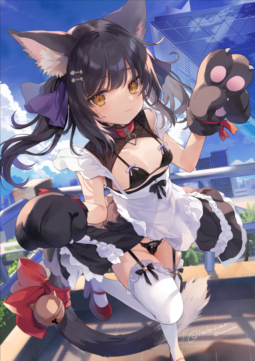 1girl animal_collar animal_ear_fluff animal_ears animal_hands apron bell black_bra black_dress black_gloves black_hair black_panties black_skirt blue_sky blush bow bow_bra bow_panties bra breasts brown_eyes building cat_ears cat_girl cat_tail closed_mouth cloud collar commentary_request day dress fish_skeleton frilled_apron frilled_dress frilled_thighhighs frills garter_straps gloves hair_ornament hair_ribbon hands_up high_heels highres jingle_bell kedama_milk long_hair looking_at_viewer original outdoors panties paw_gloves red_bow red_collar red_footwear ribbon shoes shrug_(clothing) skirt sky small_breasts smile solo standing standing_on_one_leg tail tail_bell tail_bow tail_ornament thighhighs tokyo_big_sight twintails twitter_username underwear waist_apron white_apron white_thighhighs