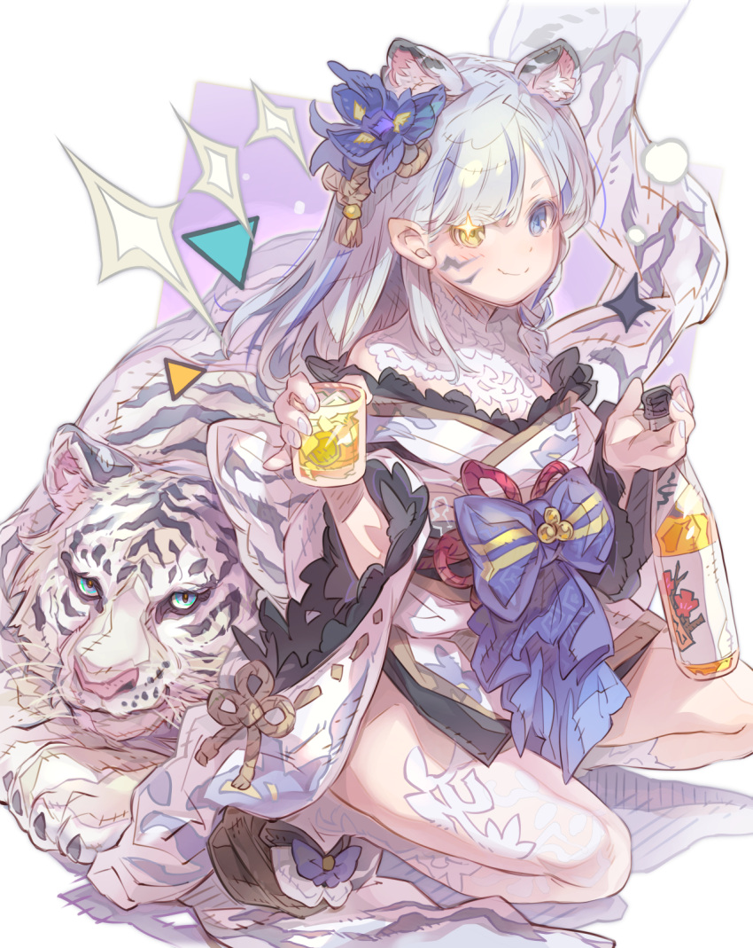 1girl animal animal_ears blue_eyes blue_flower blush bottle brown_footwear closed_mouth commentary_request commission cup drinking_glass flower grey_hair hair_flower hair_ornament haku_(sabosoda) heterochromia highres holding holding_bottle holding_cup japanese_clothes kimono long_sleeves looking_at_viewer off_shoulder original skeb_commission smile socks solo squatting tiger tiger_ears white_kimono white_socks white_tiger wide_sleeves yellow_eyes zouri