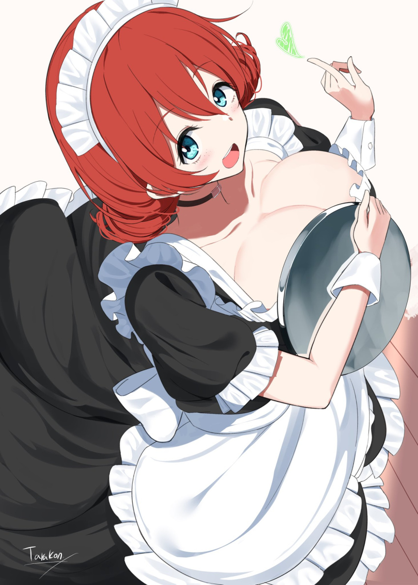 1girl apron black_dress blue_eyes blush breast_press breasts cleavage dress emma_verde freckles from_above highres holding holding_tray huge_breasts index_finger_raised long_dress looking_at_viewer love_live! love_live!_nijigasaki_high_school_idol_club maid maid_headdress medium_hair open_mouth puffy_short_sleeves puffy_sleeves red_hair short_sleeves solo tarakon tray waist_apron white_apron wrist_cuffs
